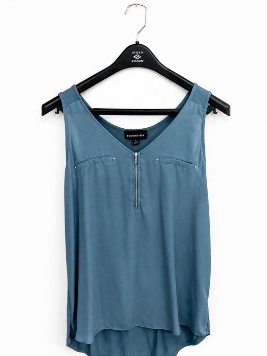 Fortune + Ivy Tops - Fortune + Ivy Women's Teal Sleeveless Blouse L Zip Front High Low Tank Top